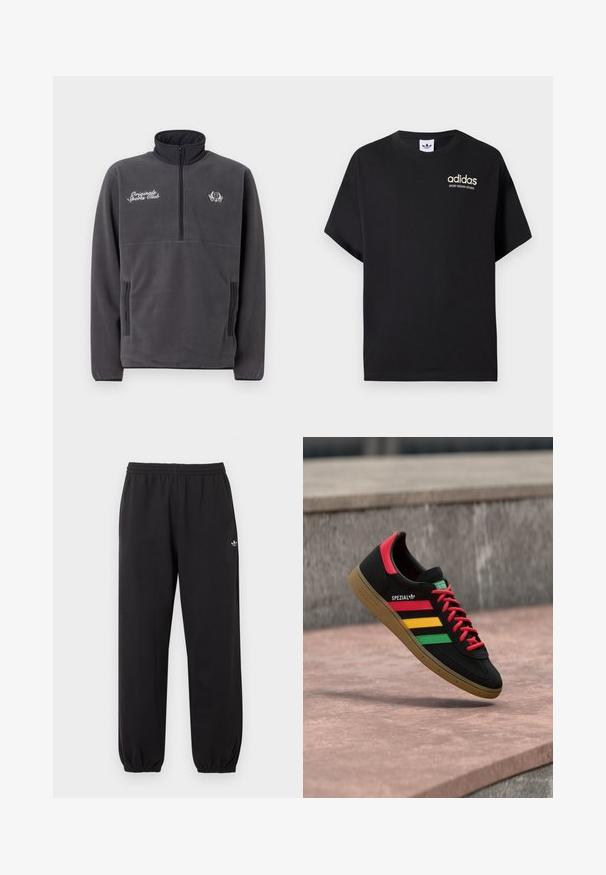 Grå fleecepullover med høj krave, halvlynlås foran, to sidelommer og broderet tekst og logo "Original Sports Club".; Sort bomulds t-shirt med korte ærmer, med en rund halsudskæring og hvidt Adidas-logo med "SPORT DESIGN STUDIO" i guld. Glat tekstur.; Sorte Adidas sweatpants med elastisk talje og manchetter, med et lille hvidt Adidas trefoil-logo på det øverste venstre ben.; Sort Adidas Spezial-sneaker med røde, gule og grønne striber, røde snørebånd, gummisål og rødt hældetalje, vist svævende over fortovet.