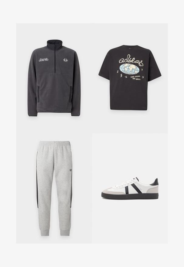 Grijze fleece pullover met een hoge kraag, halve rits aan de voorkant, twee zijzakken en geborduurde tekst en logo "Original Sports Club".; Zwart Adidas T-shirt met een beige en blauw wereldbolgrafiek, handgeschreven Adidas-logo, sterren en de tekst "Three Stripes. One World."; Lichtgrijze joggingbroek met zwarte zijstrepen, elastische tailleband, enkelsboorden en klein zwart Adidas-logo op de linker dij.; Witte sneaker met zwarte en grijze accenten, voorzien van een grijze neus met textuur, zwarte rubberen zool en platte witte veters. Schoon ontwerp, minimalistische stijl.