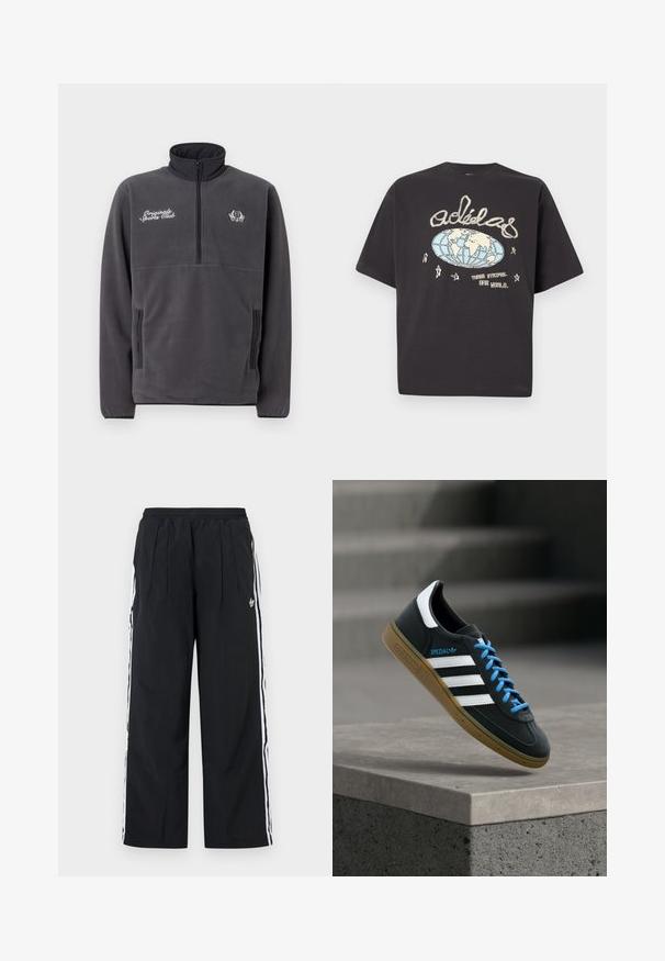 Hallid fleece-pullover, millel on kõrge krae, pool- või tõmblukuga esikülg, kaks külgekotti ning brodüüritud "Original Sports Club" tekst ja logo.; Must Adidas t-särk beeži ja sinise maakera graafikuga, käsitsi kirjutatud Adidas logo, tähed ning tekst "Three Stripes. One World."; Mustad laiad püksid valgete küljeribadega, elastse vöökohaga, esipoolsete voltidega ja Adidas logo paremal reiel.; Must Adidas toss valgete triibu, siniste paelte ja kummist tallaga, hõljuv pehme valgusega halli betoonastme kohal.