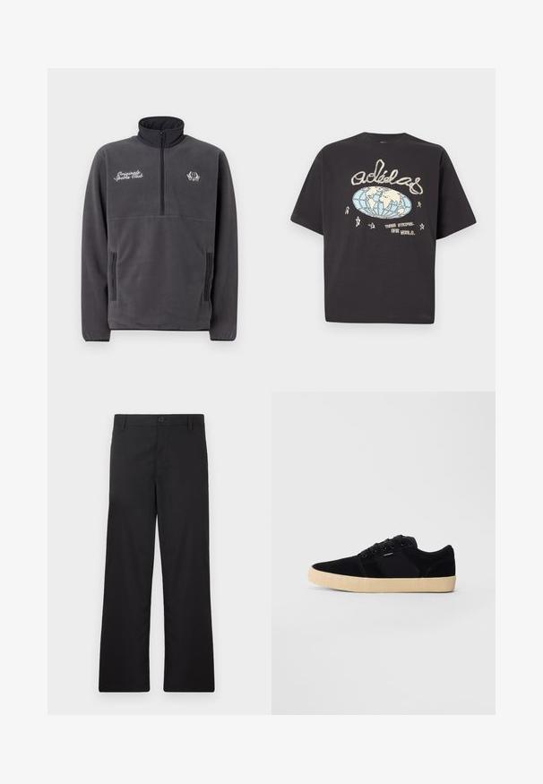 Grå fleecepullover med høj krave, halvlynlås foran, to sidelommer og broderet tekst og logo "Original Sports Club".; Sort Adidas t-shirt med et beige og blåt globusmotiv, håndskrevet Adidas-logo, stjerner og teksten "Three Stripes. One World."; Sorte bukser med et lige ben-design, lavet af glat stof. Har en knaplukning foran og ingen synlige mønstre eller detaljer.; Sort lavtop sneaker med beige tekstureret sål, snørebånd og lille sidelog på en ensfarvet lysegrå baggrund.