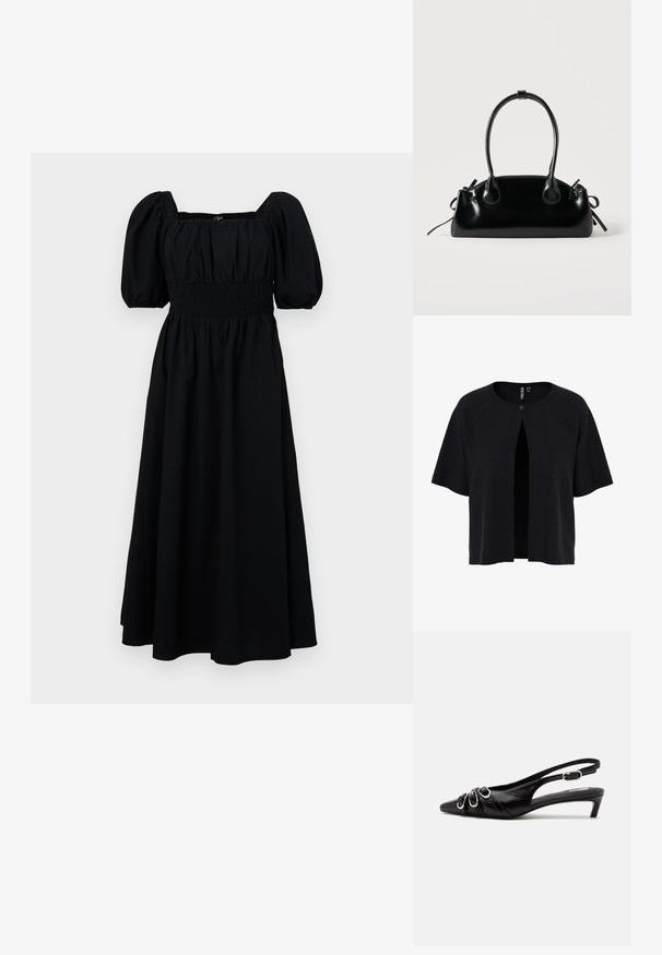 Cardigan noir à manches courtes, ouvert à l'avant, avec une fermeture à bouton. Fabriqué en matériau texturé avec une coupe ample. Design simple et minimal.; Robe en coton noire avec des manches courtes bouffantes, décolleté carré et taille smockée. Jupe évasée atteignant le mollet, texture lisse, sans motifs.; Chaussure slingback en cuir noir avec bout pointu, trois boucles argentées à l'avant et petit talon kitten sur fond blanc.; Petit sac à main noir brillant avec deux longues anses et des détails à cordon sur les côtés sur un fond clair uni.