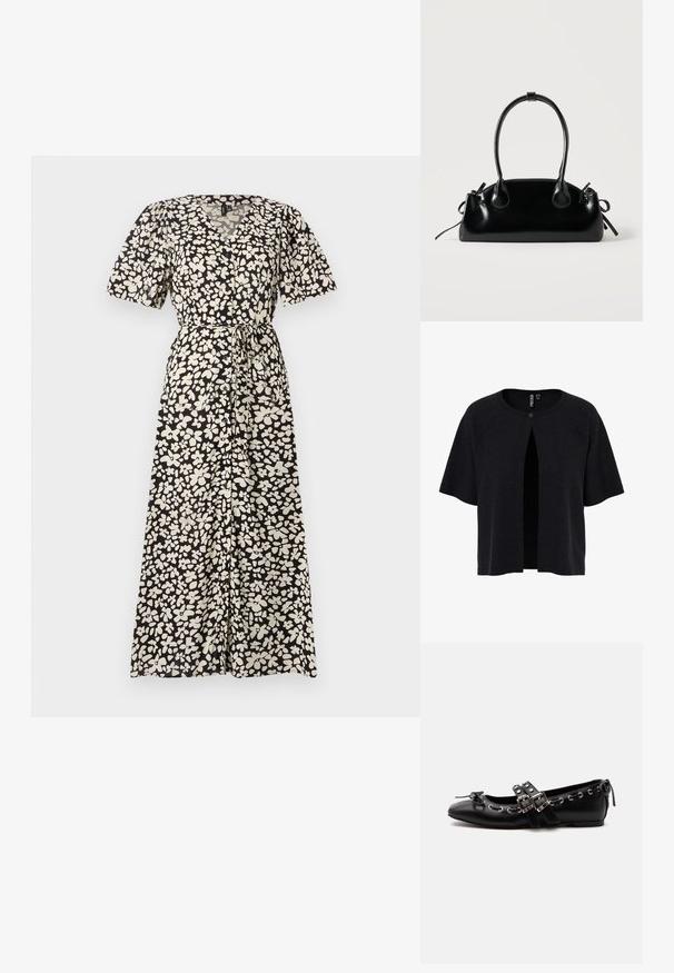 Schwarze Strickjacke mit kurzen Ärmeln, offener Vorderseite und Knopfverschluss. Aus strukturiertem Material mit weiter Passform. Einfaches, minimalistisches Design.; Maxikleid in Schwarz mit einem weißen Floralmuster, ausgestattet mit kurzen Puffärmel, einem V-Ausschnitt und einem Bindegürtel in der Taille.; Schwarzer flacher Ballettschuh mit doppelten Schnallenriemen, silbernen Ösen und einer kleinen Schleife nahe der abgerundeten Spitze auf weißem Hintergrund.; Kleine schwarze glänzende Handtasche mit zwei langen Griffen und seitlichen Kordelzug-Details vor einfachem hellem Hintergrund.
