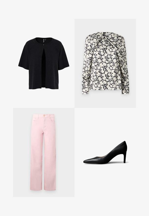 Sort cardigan med korte ærmer, åben front og knaplukning. Fremstillet af struktureret materiale med en løs pasform. Simpelt, minimalistisk design.; Sort blomsterbluse med crèmefarvede blomster, lange ærmer, plisseringer ved skuldrene og lige nederste kant. Blød stofstruktur.; Pink bukser med vide ben lavet af bomuld med knaplukning, forlommer og en ren afslutning ved kanten. Glat tekstur og ensartet farve.; Sort damesko i læder med spids snude og mellemhøj hæl, vist fra siden på en hvid baggrund.