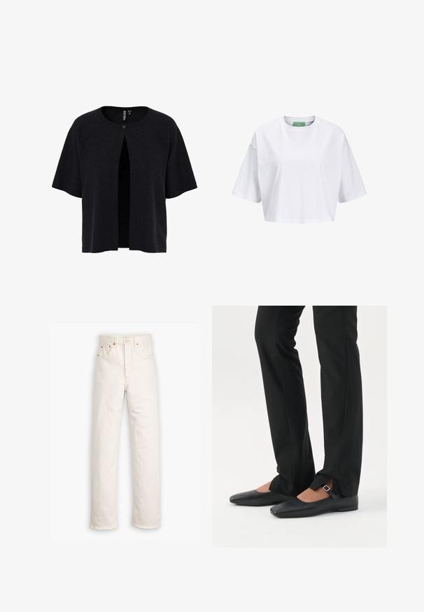 Zwarte cardigan met korte mouwen, open voorkant en een knoopsluiting. Gemaakt van gestructureerd materiaal met een losse pasvorm. Eenvoudig, minimalistisch ontwerp.; Witte cropped t-shirt van katoen, met korte mouwen en een ronde hals. Groene label aan de binnenkant met zichtbare merknaam.; Witte denim jeans met een recht gesneden ontwerp, vijf zakken en koperen hardware accenten. Afgeronde zoom aan de enkels.; Benen met zwarte smalle broek met voorsplitten aan de zoom, gecombineerd met zwarte platte Mary Jane-schoenen met een klein gespje.
