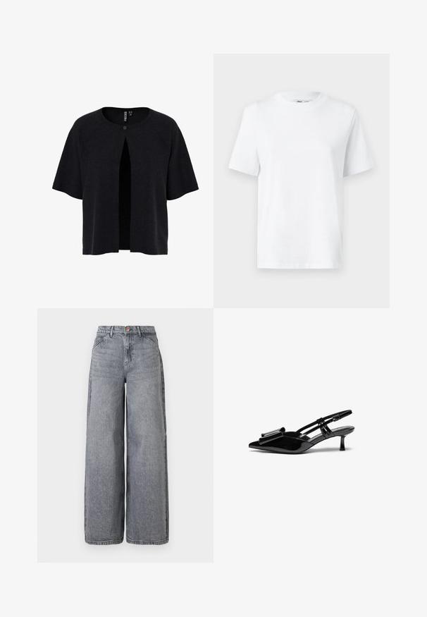 Zwarte cardigan met korte mouwen, open voorkant en een knoopsluiting. Gemaakt van gestructureerd materiaal met een losse pasvorm. Eenvoudig, minimalistisch ontwerp.; Witte katoenen T-shirt met ronde hals, korte mouwen en een gladde textuur. Ontworpen met een comfortabele en veelzijdige relaxte pasvorm.; Wijde denim jeans in een vervaagde grijze was, met vijf zakken, een knoopsluiting en een zachte textuur met subtiele whiskerdetails.; Zwarte gepatineerde lederen slingback hakken met een puntige neus, een strikdetail aan de voorkant en een kleine stilettohak. De bandjes hebben verstelbare gespen.