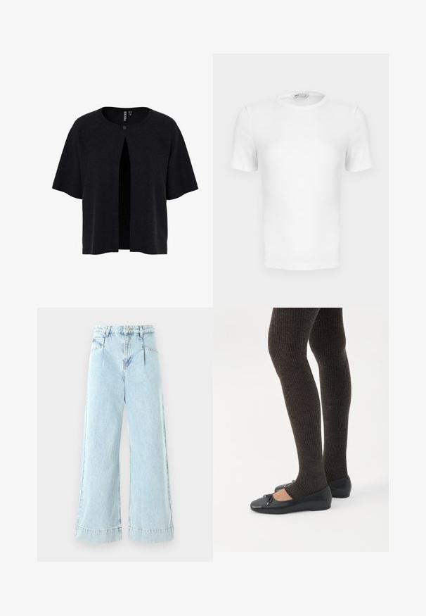 Cardigan noir à manches courtes, ouvert à l'avant, avec une fermeture à bouton. Fabriqué en matériau texturé avec une coupe ample. Design simple et minimal.; T-shirt blanc à manches courtes, côtelé, col rond avec une coupe ajustée et une petite étiquette de marque à l'intérieur du col.; Jeans larges en denim bleu clair, avec une taille haute, des poches avant et des accents cousus à l'ourlet.; Jambes portant des leggings côtelés foncés associés à des ballerines noires avec de petits détails en nœud sur fond blanc.