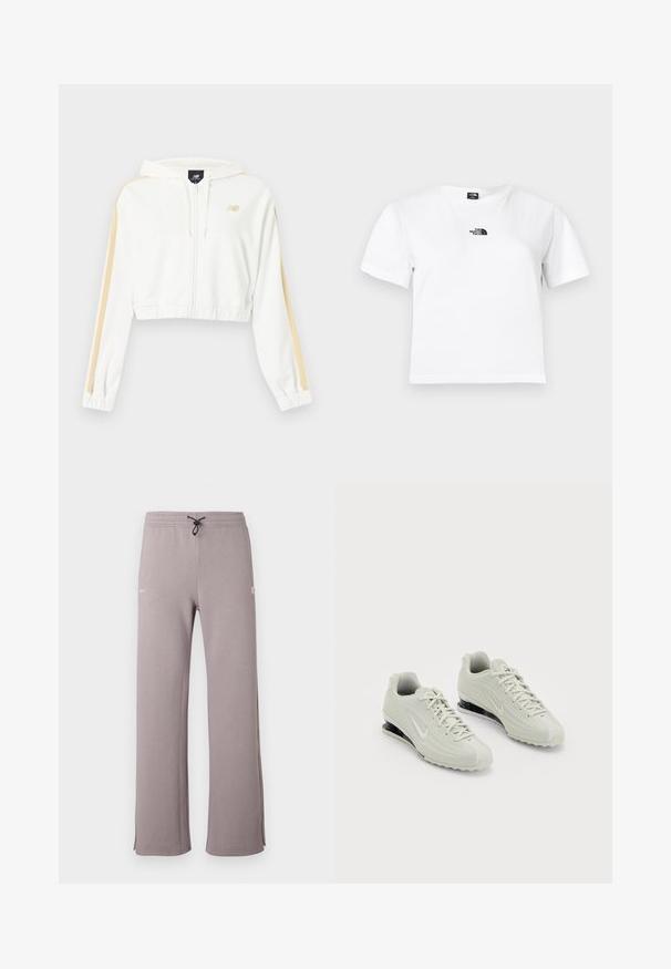 Sweat à capuche court blanc avec fermeture éclair, rayures beige sur les manches, poignets et ourlet élastiques, et petit logo New Balance sur la poitrine.; T-shirt en coton blanc à manches courtes, col rond, avec un logo noir The North Face sur la poitrine. Design simple et épuré.; Pantalon de survêtement gris avec taille à cordon, fentes latérales et logo blanc sur la gauche. Confectionné en tissu doux avec une coupe décontractée.; Baskets Nike blanches avec un dessus texturé, présentant un embout lisse et des accents de rembourrage noirs. Style à lacets avec un talon renforcé.
