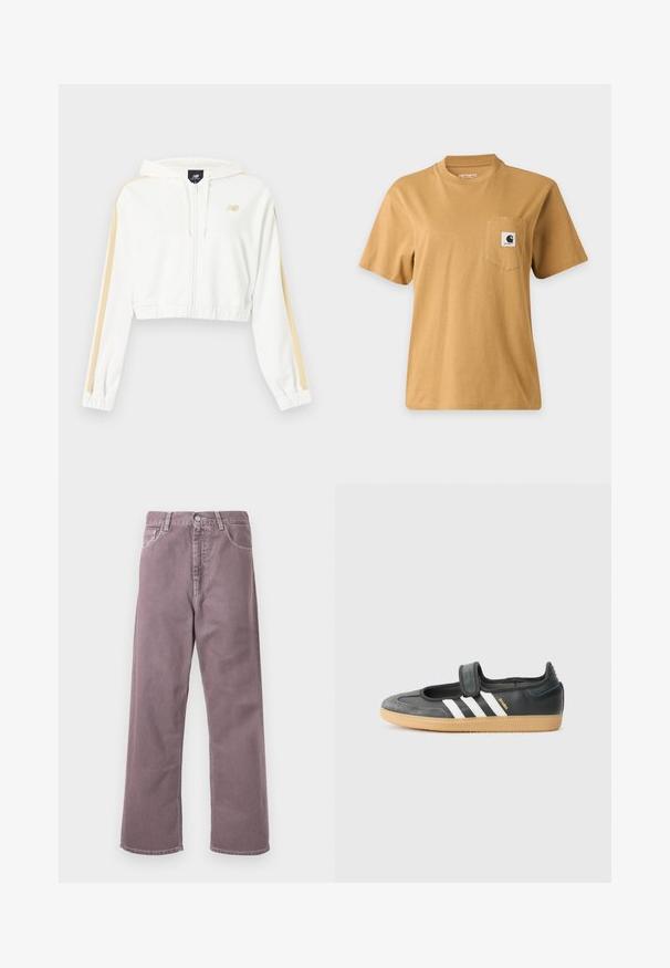 Sweat à capuche court blanc avec fermeture éclair, rayures beige sur les manches, poignets et ourlet élastiques, et petit logo New Balance sur la poitrine.; T-shirt marron uni à manches courtes avec une poche poitrine présentant un patch carré avec le logo de la marque, affiché sur un fond clair uni.; Pantalons larges dans une teinte lavande douce, en denim. Comprend cinq poches, une fermeture à bouton et des accents de couture subtils.; Sneaker en cuir noir et suède avec une sangle Velcro, arborant trois bandes blanches et une semelle en caoutchouc, étiqueté "SAMBA" sur le côté.