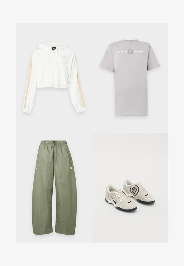 Sweat à capuche court blanc avec fermeture éclair, rayures beige sur les manches, poignets et ourlet élastiques, et petit logo New Balance sur la poitrine.; T-shirt en coton gris clair avec col rond et manches courtes, arborant l'inscription "NIKE SHOX" en lettres blanches majuscules sur la poitrine.; Pantalon vert olive ample avec taille élastique, cordon de serrage, poches latérales et petit logo vert clair sur la cuisse gauche.; Baskets Nike avec une tige texturée beige et grise, des accents noirs, un grand logo "90" et un laçage blanc. Semelle noire.