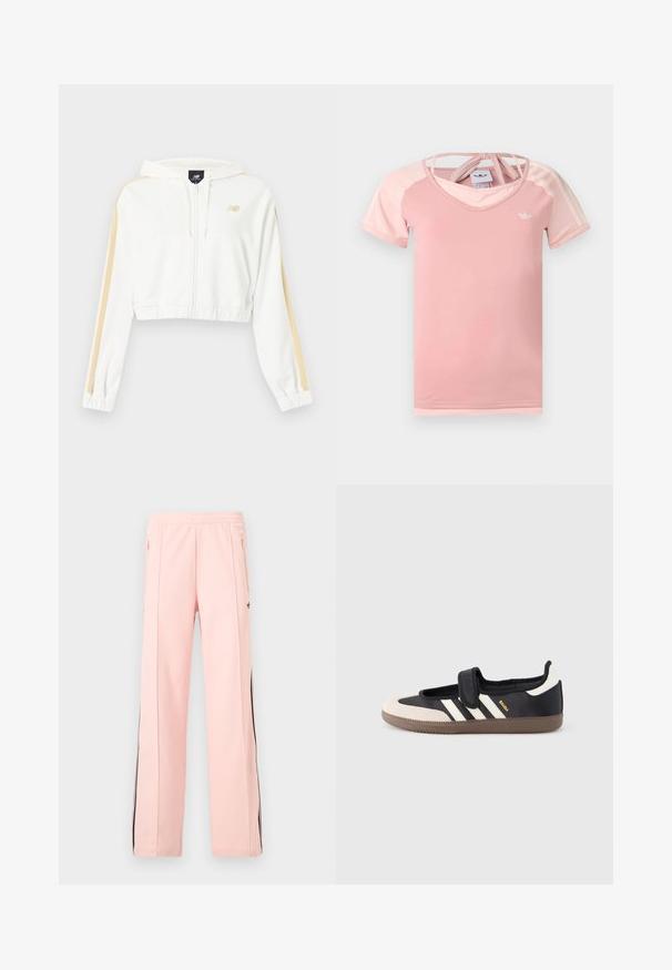 Sweat à capuche court blanc avec fermeture éclair, rayures beige sur les manches, poignets et ourlet élastiques, et petit logo New Balance sur la poitrine.; T-shirt de sport rose clair à manches courtes avec des épaules rose foncé, logo Adidas blanc sur la poitrine et bretelles croisées au dos du col.; Pantalon de survêtement rose clair avec bandes latérales noires, poches zippées et taille élastique, présenté sur un fond blanc uni.; Baskets noires et beiges avec une bride en velcro, trois bandes blanches sur le côté, et une semelle en caoutchouc marron texturée. Logo de la marque visible.