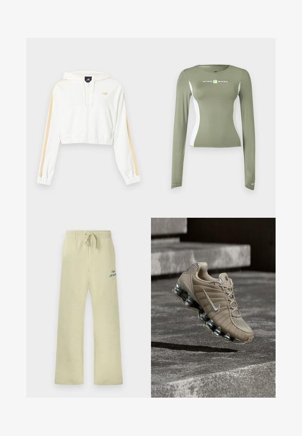 Sweat à capuche court blanc avec fermeture éclair, rayures beige sur les manches, poignets et ourlet élastiques, et petit logo New Balance sur la poitrine.; Haut Nike Shox vert olive à manches longues avec panneaux latéraux blancs et accents vert néon, coupe ajustée, et petit logo swoosh sur le bord de la manche.; Pantalon de survêtement beige Nike avec ceinture élastique, cordon de serrage, coupe ample, et le texte "nike athletics" avec le logo swoosh sur la cuisse gauche.; Chaussure de running Nike beige avec des accents argentés et une semelle ressort en suspension au-dessus d'escaliers en béton dans une lumière tamisée.