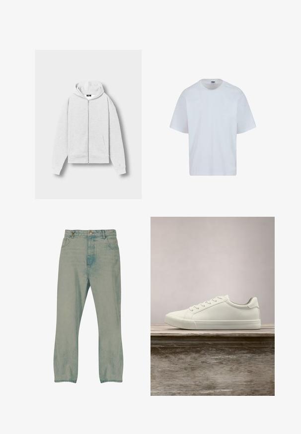 Haut à capuche gris clair zippé avec poches avant, manches longues et capuche attachée, posé à plat sur un fond uni.; T-shirt en coton blanc avec un col rond, des manches courtes et une coupe droite. Présente des détails de couture subtils sur les épaules.; Jean droit bleu clair avec bouton à l'avant, passants pour ceinture et poches avant, présenté sur un fond blanc.; Sneaker en dentelle blanche flottant au-dessus d'un banc en bois avec un feuillage vert en arrière-plan, mettant en valeur le design et la texture de la chaussure.