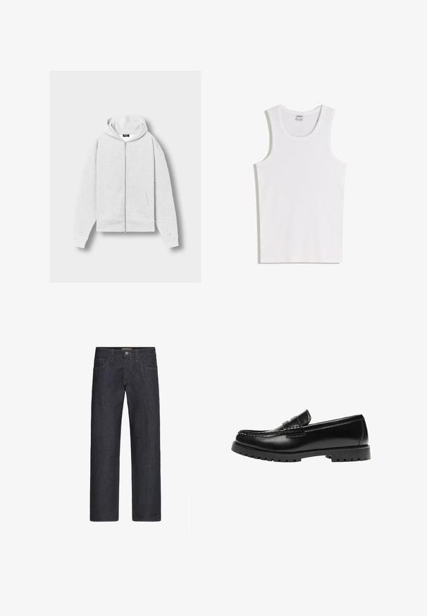Haut à capuche gris clair zippé avec poches avant, manches longues et capuche attachée, posé à plat sur un fond uni.; Débardeur blanc en coton avec un col rond et de larges bretelles. Texture lisse, sans motifs ni accents, design simple.; Jean droit en denim bleu foncé avec bouton à l'avant, braguette zippée, passants pour ceinture, et poches à l'avant et à l'arrière.; Mocassin en cuir noir avec une semelle en caoutchouc épaisse et un détail classique de bride à monnaie, vu de côté extérieur.