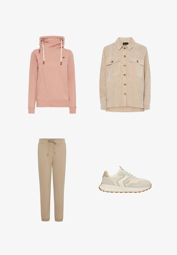 Haut à capuche rose avec un col bénitier, doté d'une fermeture éclair diagonale et de cordons de serrage. Texture lisse avec des accents marron contrastants.; Veste-chemise en velours côtelé beige avec un col chemise, deux poches poitrine, et de gros boutons ronds. Texture douce avec des détails de côtes verticales.; Jogging beige avec une taille élastique et un cordon de serrage. Poignets ajustés au niveau de la cheville. Fabriqué en tissu doux et texturé.; Baskets de sport beiges avec un mélange de textures lisses et en daim, semelle intermédiaire blanche, semelle en caoutchouc et détail du logo sur le côté.