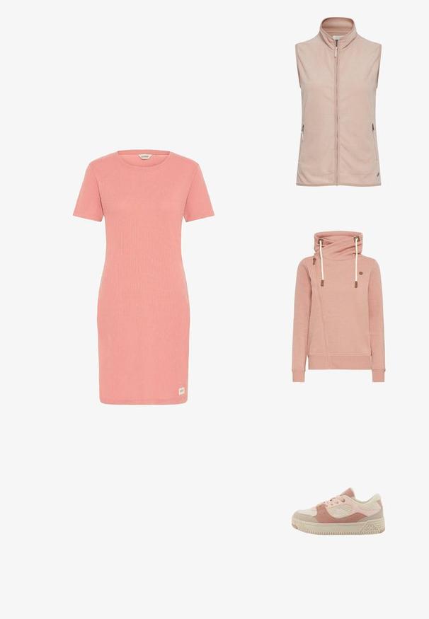 Haut à capuche rose avec un col bénitier, doté d'une fermeture éclair diagonale et de cordons de serrage. Texture lisse avec des accents marron contrastants.; Gilet en polaire rose avec col haut, fermeture à glissière sur le devant et poches latérales. Texture douce avec une finition lisse et un matériel minimal.; Robe à manches courtes en maille côtelée de couleur rose pâle, avec un col rond et une silhouette ajustée. Étiquette sur le bas du côté gauche.; Baskets rose clair et beige avec des matériaux en daim et en cuir, des accents texturés, un bout arrondi, une semelle épaisse, et un logo sur le côté.