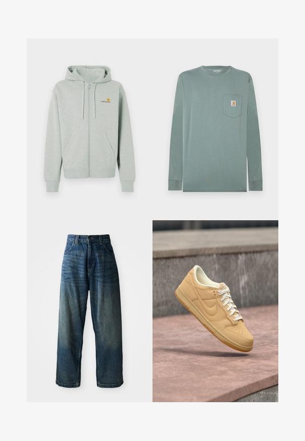 Haut à capuche zippé gris clair avec une poche avant, des poignets côtelés et un petit logo orange sur la poitrine gauche. Fabriqué en tissu doux et texturé.; Chemise à manches longues en coton vert clair avec un col rond, dotée d'une poche poitrine gauche et d'un écusson logo en orange et blanc.; Jean en denim bleu taille large avec une finition délavée. Comprend cinq poches, une fermeture à bouton et des coutures contrastées. Tissu de poids lourd.; Baskets basses Nike couleur beige avec lacets blancs et semelle en gomme flottant au-dessus d'une surface en pierre et d'un fond en béton.
