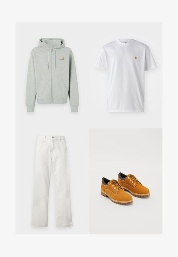 Haut à capuche zippé gris clair avec une poche avant, des poignets côtelés et un petit logo orange sur la poitrine gauche. Fabriqué en tissu doux et texturé.; T-shirt en coton blanc à manches courtes, col rond, avec un petit logo doré sur la poitrine gauche. Texture douce et coupe régulière.; Jean droit blanc en denim pour homme, avec fermeture par bouton et zip, passants de ceinture et poches avant.; Chaussures en daim marron avec un bout rond, des lacets jaunes, un col rembourré noir et des semelles en caoutchouc avec des rainures de traction.