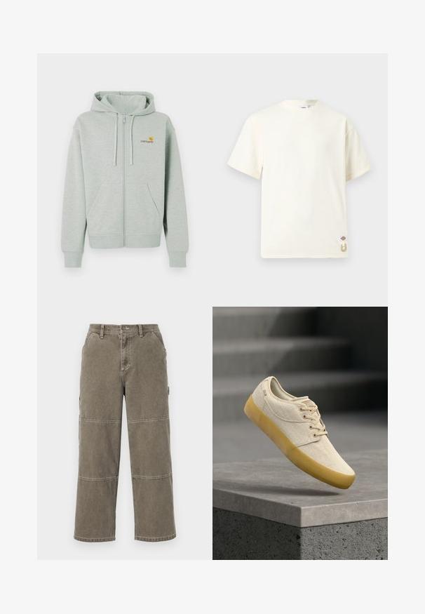 Haut à capuche zippé gris clair avec une poche avant, des poignets côtelés et un petit logo orange sur la poitrine gauche. Fabriqué en tissu doux et texturé.; T-shirt en coton à manches courtes, de couleur blanc cassé uni, avec col rond, petite étiquette logo et détail en corde beige près de l'ourlet inférieur.; Pantalons cargo en coton de couleur olive discrète, avec des jambes larges, des accents à double couture et des poches latérales, dotés d'une fermeture à bouton et de passants de ceinture.; Baskets en toile beige avec semelle et lacets en caoutchouc marron clair, flottant au-dessus d'un rebord en béton gris avec des escaliers en arrière-plan flou.