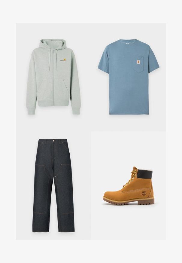 Haut à capuche zippé gris clair avec une poche avant, des poignets côtelés et un petit logo orange sur la poitrine gauche. Fabriqué en tissu doux et texturé.; T-shirt en coton bleu clair avec col rond, manches courtes et une poche sur la poitrine gauche arborant une étiquette carrée du logo Carhartt.; Jean en denim bleu foncé avec une coupe à jambes larges, présentant des coutures contrastantes orange, des poches avant et une fermeture classique par bouton.; Bottine en cuir brun avec œillets en métal, doublure en fourrure blanche, col rembourré noir, semelle robuste et logo en relief sur le côté.