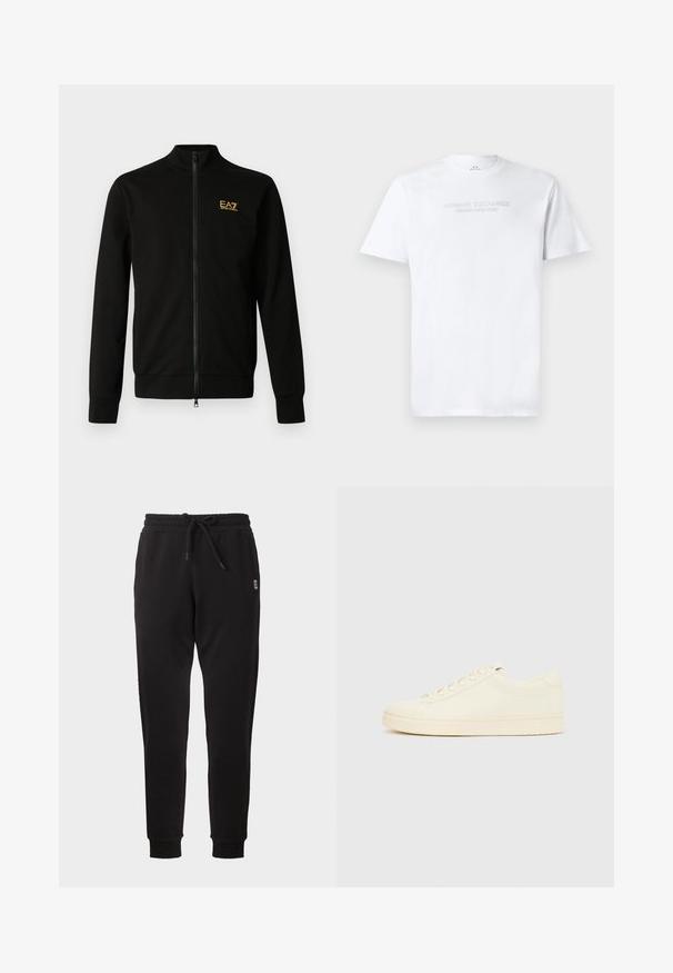 Veste zippée noire en tissu doux. Elle présente un col montant, des manches longues et un petit logo jaune sur le côté supérieur gauche.; T-shirt en coton blanc avec col rond, manches courtes et logo en relief "ARMANI EXCHANGE MILANO/NEW YORK" sur le devant.; Pantalon de survêtement noir fuselé avec taille élastique, cordon, poches latérales et poignets côtelés, présenté sur fond uni.; Baskets couleur crème avec une tige en cuir lisse, bout arrondi, laçage à l'avant et semelle en caoutchouc texturée. Design minimaliste, sans logo.