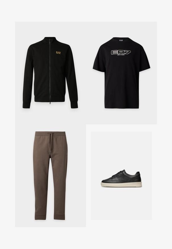 Veste zippée noire en tissu doux. Elle présente un col montant, des manches longues et un petit logo jaune sur le côté supérieur gauche.; T-shirt noir à manches courtes avec logo blanc EA7 Emporio Armani imprimé sur la poitrine, col rond et coupe régulière.; Pantalon de survêtement marron fuselé avec taille élastique et cordon, présenté à plat sur un fond clair.; Baskets basses en cuir noir avec des lacets noirs et une semelle en caoutchouc épaisse de couleur crème, présentées sur un fond blanc.