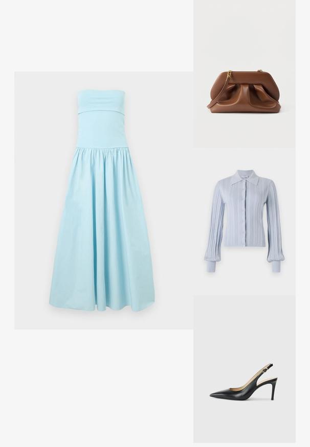 Cardigan bleu clair avec une texture côtelée, fermeture à boutons et col. Comporte des manches longues avec des poignets ajustés.; Robe maxi bleu clair sans bretelles avec taille froncée et jupe ample et fluide sur un fond neutre.; Escarpins en cuir noir avec une pointe fine, une bride ajustable et un talon aiguille élégant, présentant une finition lisse.; Pochette en cuir marron avec design froncé, quincaillerie dorée et bracelet amovible, sur fond blanc.