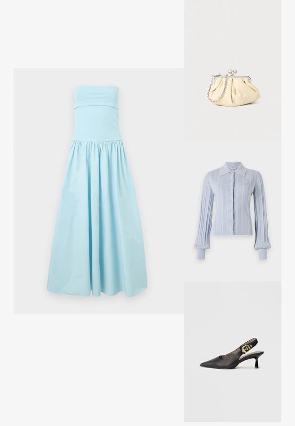 Lichtblauwe cardigan met een geribbelde structuur, knoopsluiting en een kraag. Voorzien van lange mouwen met aansluitende manchetten.; Lichtblauwe strapless maxi-jurk met een geplooide taille en een volle, vloeiende rok op een neutrale achtergrond.; Zwarte slingback hoge hak schoenen met een spitse neus, een gladde leren textuur en een gouden gespaccent op de band.; Geplooide beige leren clutch met een zilveren metalen frame, voorzien van twee ronde decoratieve sluitingen en een zilveren kettingriem.