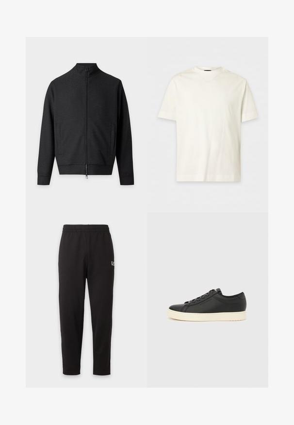 Veste noire zippée, manches longues, deux poches avant et col montant, présentée sur un fond clair uni.; T-shirt blanc uni en coton à manches courtes avec col rond et logo en relief discret sur le côté gauche de la poitrine.; Pantalon de survêtement noir à taille élastique, jambes fuselées, avec un petit logo blanc sur la partie supérieure de la cuisse gauche.; Baskets en cuir noir à texture lisse, semelle en caoutchouc blanche, bout arrondi et lacets noirs assortis. Marquage discret sur le côté.