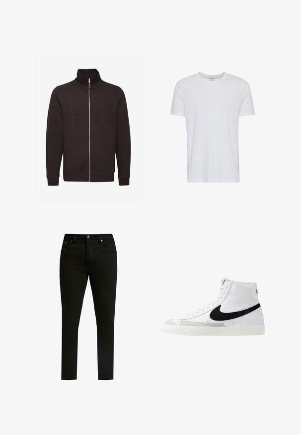 Donkerbruin zip-up sweatshirt met een hoge kraag, twee zijzakken en geribbelde manchetten en onderrand, gemaakt van een zachte, gestructureerde stof.; Effen wit T-shirt met korte mouwen en een ronde hals, getoond op een witte achtergrond, met een klein neklabel waarop het merk “Solid” staat.; Zwarte spijkerbroeken met een slim fit, voorzien van een klassiek vijf-pocket ontwerp, metalen knoopsluiting en subtiele stikdetails.; Witte hoge sneakers met een zwarte swoosh, textuur grijze neus en een vlakke witte zool. Kenmerkt zes veteropeningen en gestikte accenten.