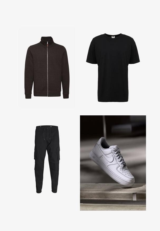 Tumepruun tõmblukkudega sviiter kõrge Kraega, kahe küljetasku ja ribakudumistega varrukate ning äärega, valmistatud pehmest, tekstureeritud kangast.; Must musta crew-neck t-särk lühikeste varrukatega, tavaline lõige, sile tekstuur ja nähtavate mustrite või detailideta.; Mustardad püksid, millel on elastne vöökoht ja tõmblukk, mitmed küljetaskud ning sünnikangaga sääred, et luua kitsas sobivus.; Valge nahast Nike Air Force 1 tennisejalanõu, millel on perforatsiooniga varvas, lamedad paelad ja tekstureeritud kummist tallaga, millel on küljele märgitud "AIR".