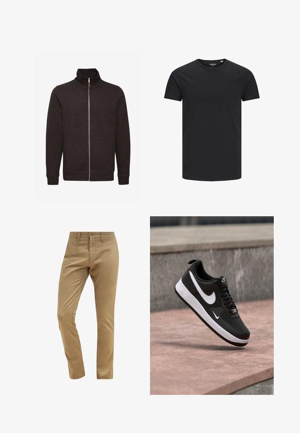 Donkerbruin zip-up sweatshirt met een hoge kraag, twee zijzakken en geribbelde manchetten en onderrand, gemaakt van een zachte, gestructureerde stof.; Zwarte katoenen T-shirt met een ronde hals, korte mouwen en een eenvoudig ontwerp. Soepele textuur, geen patronen of zichtbare hardware.; Beige chino's met een gladde textuur, slim fit, knoopsluiting en riemlussen, met een standaard ontwerp voor de voorkantzakken.; Zwart-witte Nike Air Force 1 sneaker zwevend boven een roze betonnen oppervlak met een achtergrond van grijze stenen.
