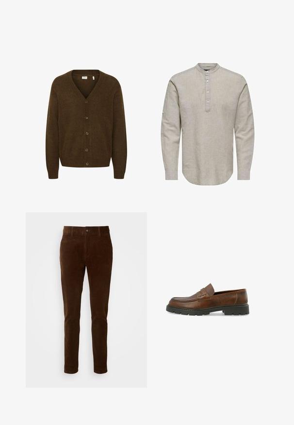 Cardigan de punto marrón con cuello en V, mangas largas y cierre delantero con cinco botones. Tejido texturizado con acentos de canalé.; Camisa de lino de color beige claro con manga larga, escote redondo, tapeta de botones y dobladillo redondeado; presenta una textura sutil.; Pantalones de pana marrones con un diseño de pierna recta, que cuentan con un cierre de botón y una sutil textura de costillas verticales.; Mocasín de cuero marrón con acabado texturizado, punta redonda y una suela de goma negra robusta; presenta un mínimo de costuras y un diseño clásico.