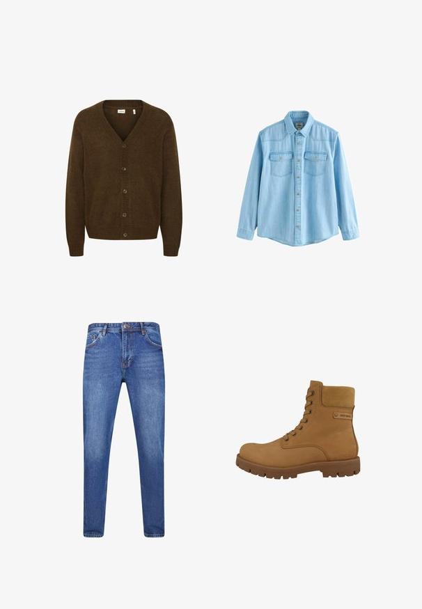 Brun strikket cardigan med V-hals, lange æermer og lukning med fem knapper foran. Struktureret stof med ribbede detaljer.; Lyseblå denimskjorte med lange ærmer, knapper foran og to brystlommer med knaplukning.; Blå denim jeans med en straight fit, klassisk fem-lomme design, metalknap lukning og orange stikninger.; Tan læder ankelstøvle med en ruskindskant, snørebåndsdesign og gummisål med teksturerede riller for bedre greb. Logo på siden.