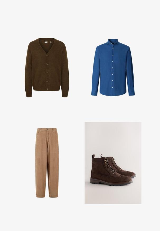 Brun strikket cardigan med V-hals, lange æermer og lukning med fem knapper foran. Struktureret stof med ribbede detaljer.; Langærmet blå skjorte med knapper, klassisk krave og hvide knapper, vist mod en hvid baggrund.; Kamelsnore bukser i lys brun med lige ben-design, med knaplukning og sidelommer, struktureret ribbet overflade.; Brune ruskinds-ankelstøvler med brogue-detaljer, rund tå, metaløjer og en tekstureret gummisål, der har en lille hæl og en trækketag.