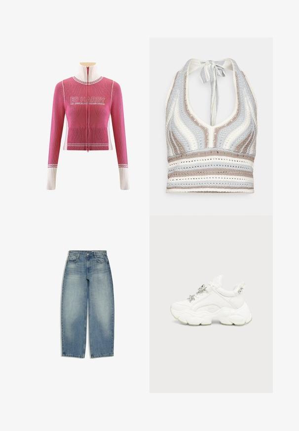 Lyserød strikket sweater med høj krave, fuld lynlås foran, ribbet struktur og hvide detaljer. Har "ED HARDY" logo på brystet.; Hæklet halterneck-top med lyseblå, beige og hvide striber, dyb V-halsudskæring og knyttet ryg. Åben vævet tekstur hele vejen igennem.; Lyseblå denimjeans med høj talje, vide ben, forlommer og knap- og lynlåslukning, lagt fladt ud på en hvid baggrund.; Hvid chunky sneaker med tyk tekstureret sål, sølvstjerne og sommerfugledekorationer på hvide snørebånd og sølvnitter på hælremmen.