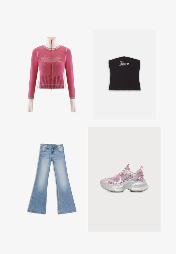 Lyserød strikket sweater med høj krave, fuld lynlås foran, ribbet struktur og hvide detaljer. Har "ED HARDY" logo på brystet.; Sort tætsiddende crop top med en glat tekstur og en buet halsudskæring, udsmykket med rhinestones, der staver "Juicy" på forsiden.; Lyseblå cowboybukser med høj talje, forlommer og vide, udvidede ben, lagt fladt på en hvid baggrund.; Kraftig sneaker med sølvtyk sål og lyserød mesh overdel med "BFL" logo og trækstropper på tunge og hæl.