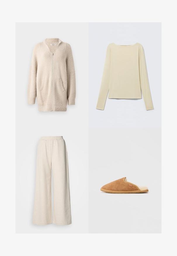 Cardigan beige à fermeture éclair en matériau doux et duveteux. Présente un col en V, deux poches avant et des manches longues. Design simple et texturé.; Haut beige à manches longues et cintré avec un col bateau, présenté à plat sur un fond clair.; Pantalons taille haute à jambes larges en tissu beige clair. Dotés d'une taille élastique et de poches latérales. Texture douce avec un design décontracté.; Pantoufle en daim marron avec une doublure en polaire crème douce et une semelle en caoutchouc beige. Elle présente un bout rond et un design avec des découpes sur le côté.