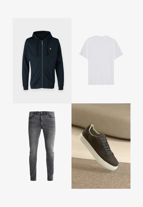 Marineblauwe rits-hoodie van zacht materiaal, met een voorzak, verstelbare trekkoordcapuchon en een klein geel logo op de linkerkant van de borst.; Witte katoenen T-shirt met korte mouwen, een ronde hals en een gladde textuur. Heeft minimale branding op de halslijn.; Slim-fit grijze spijkerbroek van denim met een lichte rek. Beschikt over vijf zakken, een ritsopening en een contrasterende metalen knop. Versleten was textuur.; Donkergrijze suede sneaker met bijpassende veters en witte rubberen zool, geplaatst boven een gestructureerd beige oppervlak met een zachte achtergrond.