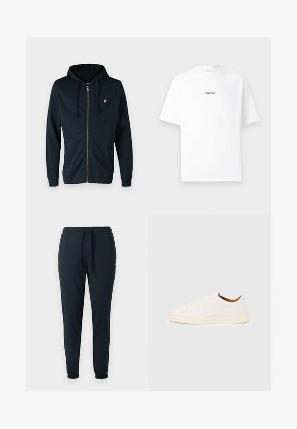 Marineblauwe rits-hoodie van zacht materiaal, met een voorzak, verstelbare trekkoordcapuchon en een klein geel logo op de linkerkant van de borst.; Witte katoenen T-shirt met korte mouwen en een ronde hals, voorzien van een klein zwart geborduurd logo "Selected" op de borst.; Donkerblauwe joggingbroek van katoenmix, met een elastische tailleband met trekkoord en boorden bij de enkels. Klein geel logodetail.; Witte lage sneaker met vetersluiting, minimale stikdetails en een crèmekleurige zool op een lichtgrijze achtergrond.