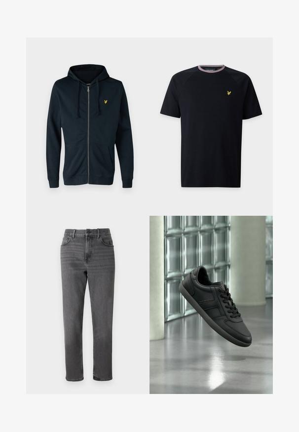 Marineblauwe rits-hoodie van zacht materiaal, met een voorzak, verstelbare trekkoordcapuchon en een klein geel logo op de linkerkant van de borst.; Zwart T-shirt met korte mouwen en een ronde hals met dunne rode, witte en blauwe strepen en een klein geel vogel-logo op de linkerborst.; Grijze denim jeans met een straight leg ontwerp, voorzien van vijf zakken en een knoopsluiting aan de voorkant. Gladde textuur met subtiele vervaging.; Zwarte Tommy Hilfiger sneaker met veters die zweeft boven een glanzende betonnen vloer nabij een glazen bakstenen muur en een witte zuil.