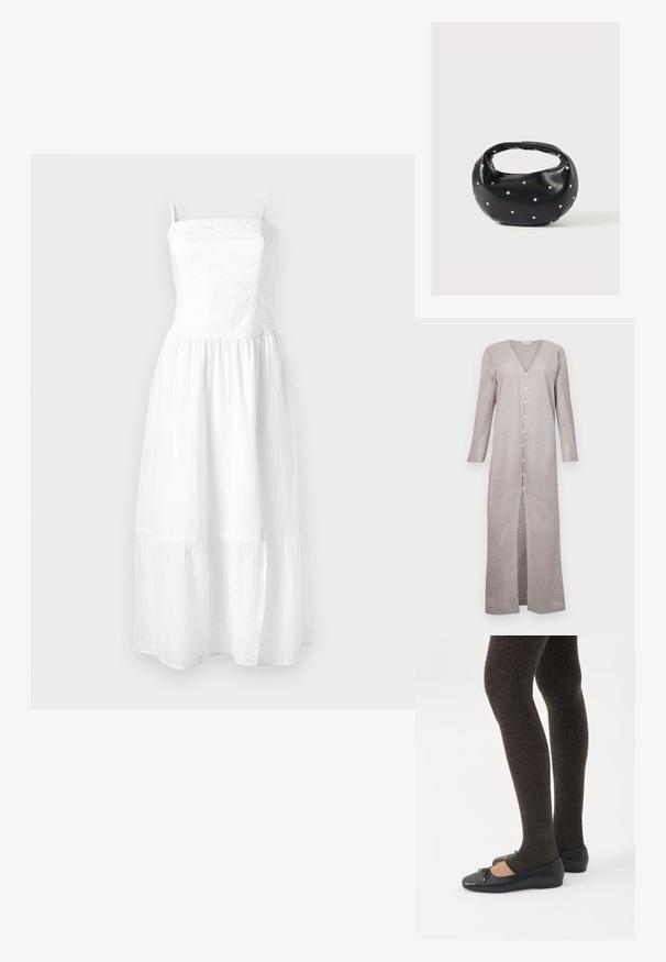 Lys grå lang kjole med V-udskæring, lange ærmer og knaplukning foran. Stoffet har et udskåret prikkemønster, flydende silhuet og sidelæg.; Hvid linen maxi kjole med justerbare spaghetti stropper, smocket top og lagdelt skirt. Let vævning for komfort og åndbarhed.; Ben iført mørke ribbede leggings kombineret med sorte balletsko med små sløjfedetaljer på hvid baggrund.; Sort læderhåndtaske med en rundet form, dekoreret med sølvnitter, og et kort håndtag. Glat tekstur og lynlåslukning.