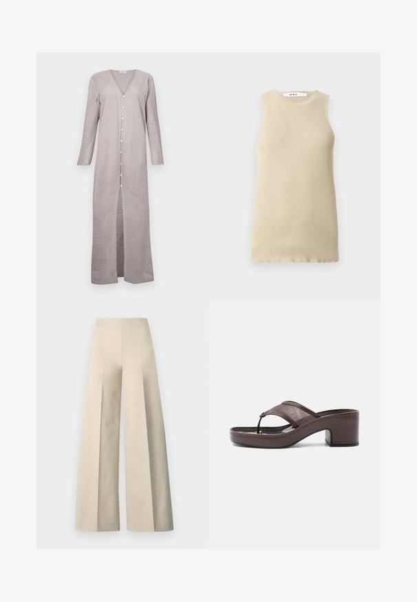 Lys grå lang kjole med V-udskæring, lange ærmer og knaplukning foran. Stoffet har et udskåret prikkemønster, flydende silhuet og sidelæg.; Beige ribbet ærmeløs top med rund halsudskæring, der har en tætsiddende pasform og glat tekstur, ideel til lag-på-lag eller varmt vejr.; Beige vide bukser med en glat tekstur, høj talje og dybe folder foran. Har et bredt og flagrende snit.; Brun sandal med hæl med mesh-rem og tæst design, med blokhæl og syet sål, vist i profil mod hvid baggrund.