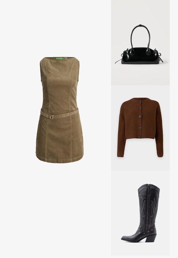 Cárdigan corto marrón con dobladillo acanalado, que presenta seis botones negros, un cuello redondo y mangas texturizadas.; Vestido mini marrón sin mangas de pana con escote barco y cinturón a juego de tela con hebilla metálica en forma de anillo.; Botas vaqueras de cuero negro con puntera puntiaguda, costuras visibles, detalles de tachuelas plateadas y cierre de cremallera en el lado interior.; Pequeño bolso negro brillante con dos asas largas y detalles de cordón lateral sobre un fondo claro liso.