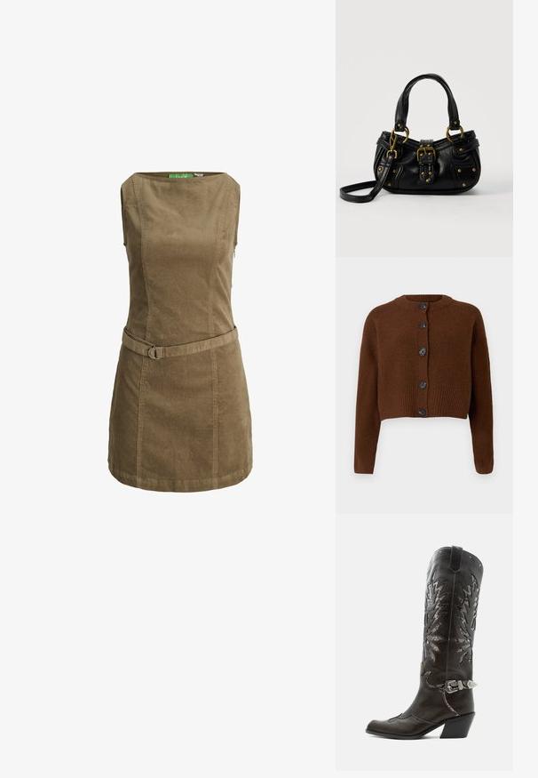 Brun cropped cardigan med ribbet kant, der har seks sorte knapper, en rund halsudskæring og teksturerede ærmer.; Ærmeløs brun minikjole i kordfløjl med bådhalsudskæring og matchende stofbælte med metalring-spænde.; Sort læder cowboystøvle med dekorative udskæringer, sølvspænde og skrå hæl, vist på hvid baggrund.; Sort læderhåndtaske med guldbælge og nitdetaljer, korte håndtag og en justerbar skulderrem på en ensfarvet hvid baggrund.