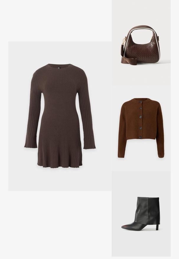 Brun cropped cardigan med ribbet kant, der har seks sorte knapper, en rund halsudskæring og teksturerede ærmer.; Langærmet, ribstrikket brun kjole med rund halsudskæring og let udvidet kant mod en ensfarvet baggrund.; Sort ankelstøvle lavet af glat læder med spids tå og tilspidset hæl. Overdelen har et let rynket design.; Brun vævet læderhåndtaske med hvid piping, guldfarvet lynlås og aftagelig brun stofskulderrem.