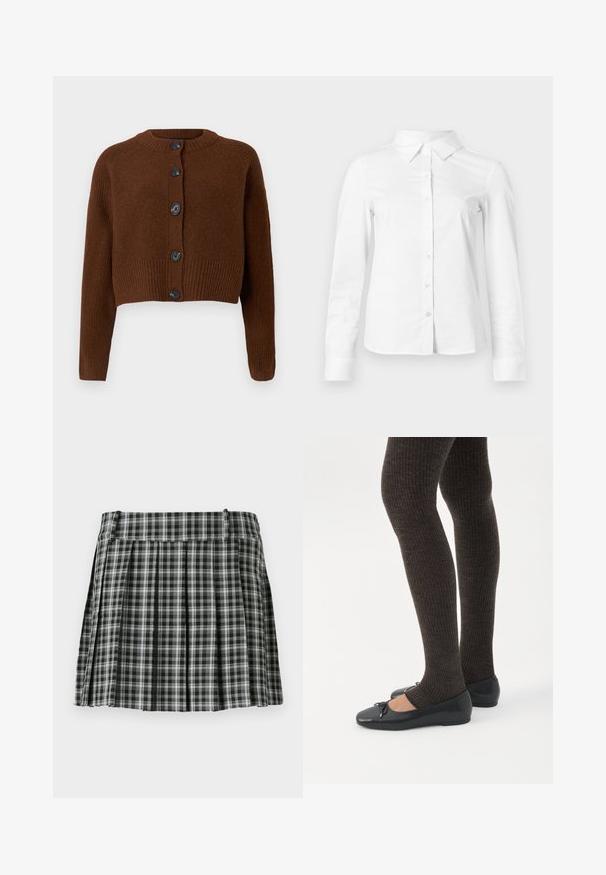 Brun cropped cardigan med ribbet kant, der har seks sorte knapper, en rund halsudskæring og teksturerede ærmer.; Hvid skjorte med lange ærmer, knapper, spids krave, lige kant og tætsiddende silhuet, vist på en ensartet lys baggrund.; Sort-hvidt ternet plisseret nederdel med en glat talje og flere lodrette folder. Fremstillet af let stof.; Ben iført mørke ribbede leggings kombineret med sorte balletsko med små sløjfedetaljer på hvid baggrund.