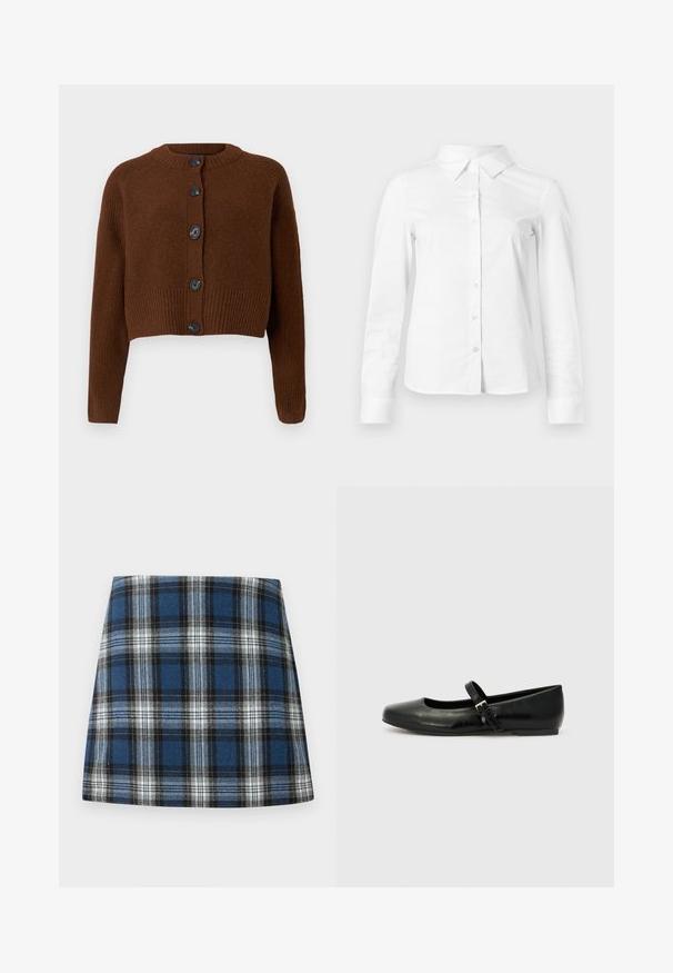 Brun cropped cardigan med ribbet kant, der har seks sorte knapper, en rund halsudskæring og teksturerede ærmer.; Hvid skjorte med lange ærmer, knapper, spids krave, lige kant og tætsiddende silhuet, vist på en ensartet lys baggrund.; Blåternet skørt med et varieret ternmønster i blå, sort og hvid. Fremstillet af et struktureret stof med en tætsiddende silhuet.; Sorte læder balletflade med rund tå, flad sål og en tynd justerbar rem over svangen med en metalspænde.