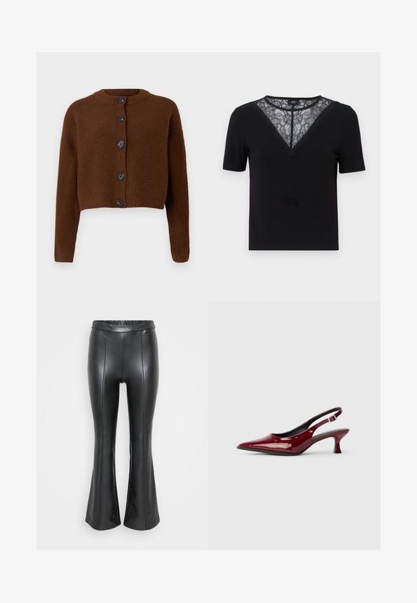 Bruine cropped cardigan met een geribbelde onderrand, voorzien van zes zwarte knopen, een ronde halslijn en textuurmouwen.; Zwart T-shirt met korte mouwen, voorzien van een kant en gegolfde V-halslijn, geribbelde textuur en een fitted ontwerp.; Zwarte neplederen uitlopende broek met een elastische tailleband, voorzien van verticale naden en een gladde textuur. Eenvoudig, slank ontwerp.; Bordeaux patent leren slingback hakken met een puntige neus en een slanke stilettostonk. Ontwerp met open achterkant en verstelbare enkelriem.