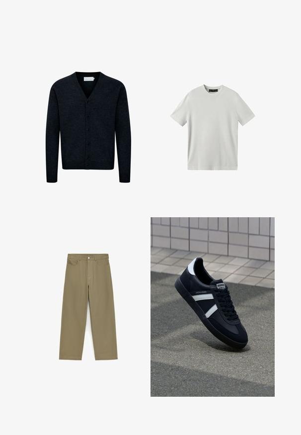 Navyblauwe gebreide cardigan met V-hals, knopen aan de voorkant, lange mouwen en geribbeld gedeelte aan de onderkant. Gemaakt van een zachte, gestructureerde stof.; Effen lichtgrijs T-shirt met korte mouwen en ronde hals, plat weergegeven op een witte achtergrond, vooraanzicht en standaard pasvorm.; Khaki rechte broek met knoop- en ritssluiting aan de voorkant, riemlussen en voorzakken, weergegeven tegen een witte achtergrond.; Zwarte leren sneaker met witte strepen, een gestructureerde rubberen zool en vetersluiting aan de voorkant. Voorzien van een merklabel op de tong.