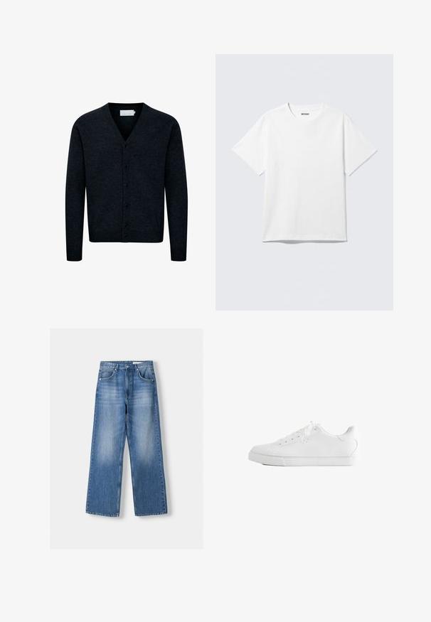 Mørkeblå strikket cardigan med V-hals, knaplukning foran, lange ærmer og ribbet kant. Lavet af et blødt, struktureret stof.; Hvid kortærmet crewneck T-shirt lagt fladt ud, ensfarvet design, med "WEEKDAY" mærkat inde i kraven på en lys baggrund.; Lyseblå denim brede bukser med høj talje, der har fem lommer og en falmet vask, syet kant og metalknaplukning.; Hvid lavtop sneakers med snørebånd, glat læderoverdel og flad gummiå sole set fra siden på en hvid baggrund.
